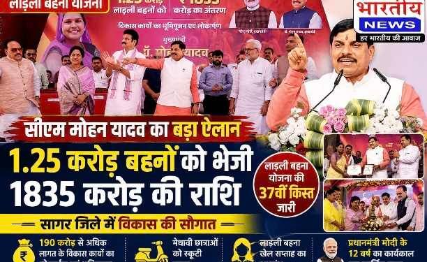SAGAR : लाड़ली बहना योजना की 37वीं किस्त जारी : CM मोहन यादव ने 1.25 करोड़ बहनों को भेजी राशि, सागर में 190 करोड़ से अधिक के विकास कार्यों की सौगात..
