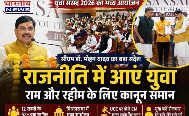 युवा संसद में CM डॉ. मोहन यादव का बड़ा संदेश—राजनीति में सक्रिय भागीदारी निभाएं युवा, बोले- राम और रहीम के लिए कानून समान..